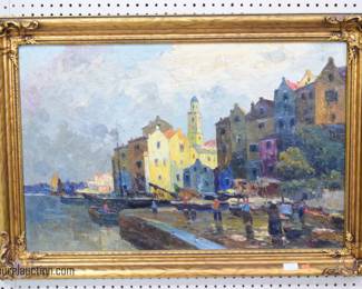 Oil on Canvas Landscape Canal Scene in Gilt Gesso Frame
Signed: Rudolph Weber