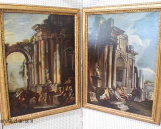 Pair of Early Oil on Canvas Capriccio of Roman Ruins and Temple in Gilt Frames
unsigned, Italy