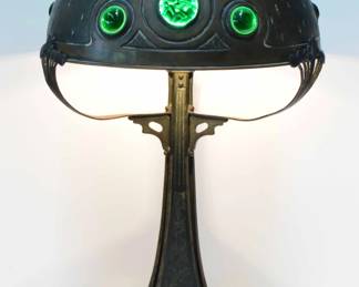 French Art Nouveau Patinated Bronze and jeweled lamp 