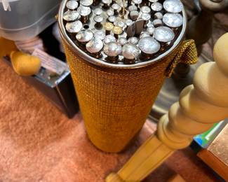 Vintage knitting needle caddy with gauge insert and needles