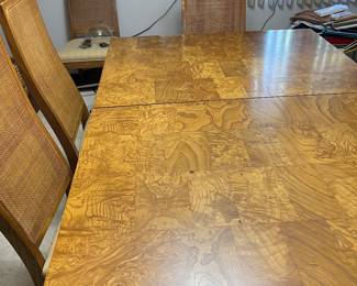 Bernhardt vintage table - burl wood patchwork with brass trim - 62"L as shown - two 18" leaves and pads included