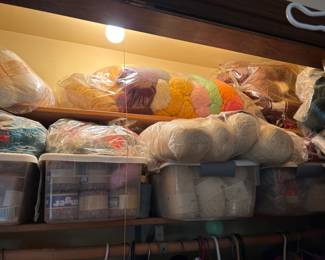 Closet full of yarn and magazines for knitting projects. Wool, cottons, etc. 