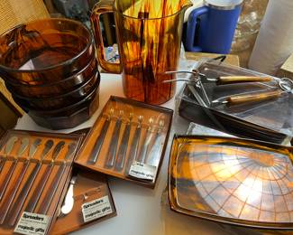 vintage faux tortoise serving pieces - tray, appetizer forks and spreaders, pitcher