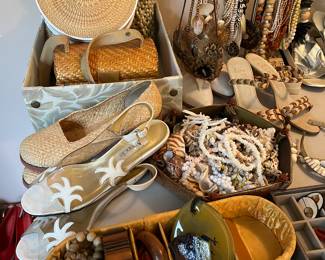 wood and shell costume jewelry, basket and woven handbags