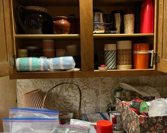 Lots of vintage housewares - thermos, crocks, tins