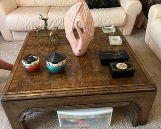 vintage cocktail table, Haeger pottery, Japanese boxes, brass deer (sofas not for sale)