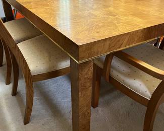 Bernhardt vintage table - burl wood patchwork with brass trim - 62"L as shown - two 18" leaves and pads included