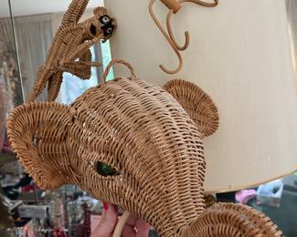 vintage wicker elephant with towel ring, monkeys