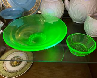 vintage uranium glass bowls - also a pitcher and set of 6 small cordials