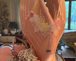 Haeger swan pottery, pink shoes and jewelry