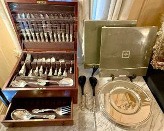 Very large set of Francis I sterling flatware & Christofle chargers (never used - 3 new in the box)