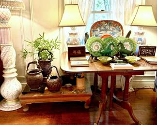 Amazing assortment of antique Ikebana baskets purchased in NYC, Oriental plates, Oriental lamps, inlaid boxes, Oriental books,  Great!!!