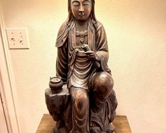 Very large Quan Yin lamp and custom Mid-Century chest.  The chest was made for this lamp and they make quite a statement as a pair.  Perfect for an entry hall or narrow space.  One of a kind!