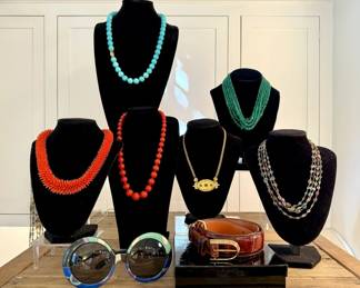 Coral, Persian turquoise, natural emerald bead necklaces, 18k, 18k gold belt buckle, vintage Pucci sunglasses