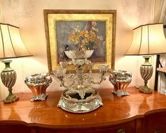 Pair of George III Sheffield wine buckets, antique silver 4-arm epergne with center vase (with original cut glass); L. D. Wells oil painting 