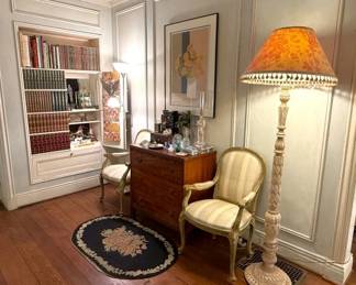 Pair of Kittinger chests, (4) French painted armchairs (4) matching French painted side chairs, Cathelin signed & numbered lithograph, coffee table books and amazing miniature figurines