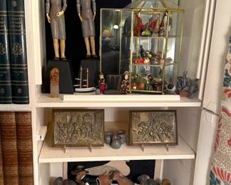 Miniatures, 19th century bronze bas reliefs, antique articulated wooden figurines, collectible dachshund figurines