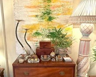 Kittinger inlaid chest, MacKenzie Child’s floor lamp, modern art….amazing!