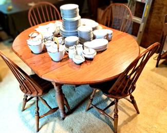 Antique walnut drop leaf table and 138 piece set Noritake china. Also the four period Windsor chairs.
