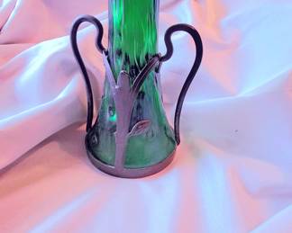 Loetz green iridescent metal clad vase.