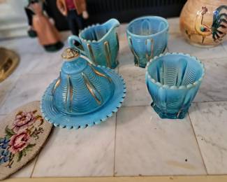 Northwood blue opalescent butter dish, creamer & sugar and condiment glass