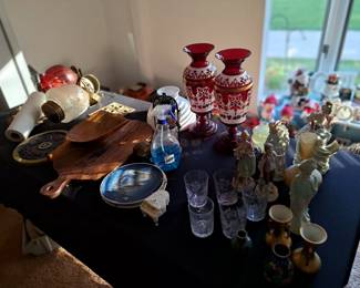 Cut glass tumblers, large cranberry vases & other collectibles