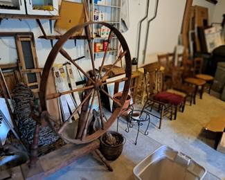 Spinning wheel, brass bucket, chairs and etc.