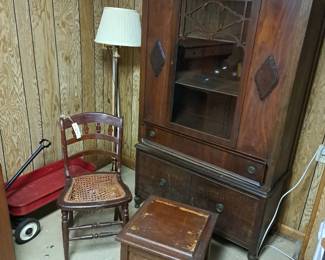 1940's china cabinet, indoor toilet chair with granite ware insert, red wagon & flooir lamp.