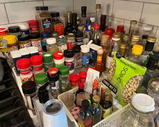 Seasonings, spices and myriad cooking tools/ingredients.