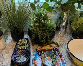 Mexican pottery/dinnerware, hand-painted (foreground in photos); selection of plants — live, dried and artificial.