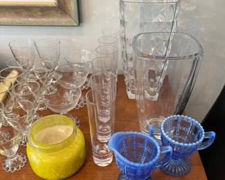 Imperial Glass beaded block pattern blue creamer and sugar bowl; selection of Candlewick Imperial boopie/footed glassware.