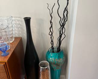 Crate & Barrel tall (44-1/2”) wood floor vase; metal vase by Threshold; ornate green glass vase.