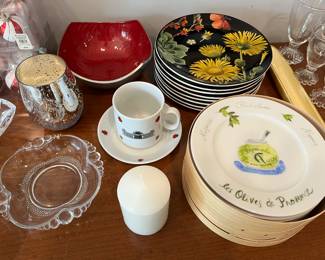 Set of 6 “Les Olives de Provence” plates created for Crate & Barrel by Revol (France); set of eight floral-pattern plates by Pottery Barn.