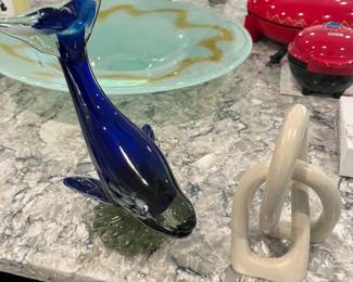 Kenyan soapstone carving (right in photo); Glass whale figurine/paperweight.