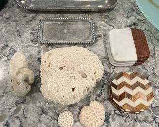 Selection of coral/fossils; coaster sets.