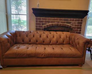 ETHAN ALLEN CHESTERFIELD TUFTED/NAIL-HEAD TRIM LEATHER SOFA (SEATING HAS WEAR) $200 (SAME SOFA DIFFERENT ROOM AND LIGHTING FOR PICS)