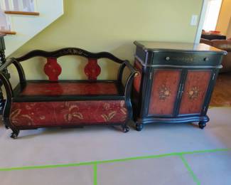 BOMBAY FLORAL DESIGN STORAGE BENCH AND ENTRY TABLE WITH DRAWERS AND DOORS $75 EACH