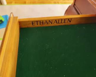 ETHAN ALLEN QUEEN ANNE STYE DINING TABLE WITH LEAF, DRAWER AND TABLE PROTECTOR