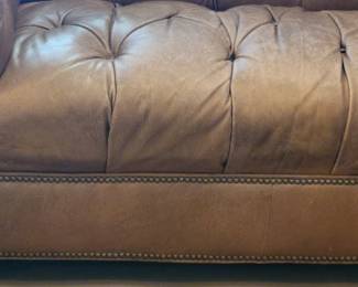 ETHAN ALLEN CHESTERFIELD TUFTED/NAIL-HEAD TRIM LEATHER SOFA (SEATING HAS WEAR) $200 (SAME SOFA DIFFERENT ROOM AND LIGHTING FOR PICS)