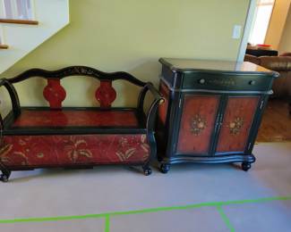 BOMBAY FLORAL DESIGN STORAGE BENCH AND ENTRY TABLE WITH DRAWERS AND DOORS $75 EACH