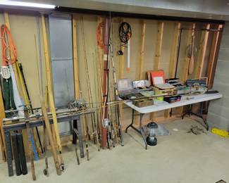 Fishing rods, fly rods, tackle boxes, lures.