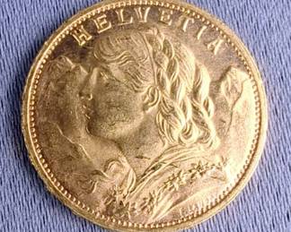 1927 Switzerland 20 Francs Gold Coin, 90% Gold, Approx 6.452 g Total Weight