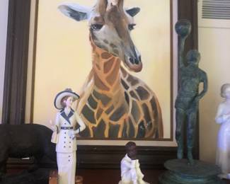 Minton; oil on canvas giraffe painting; bronze basketball player statue