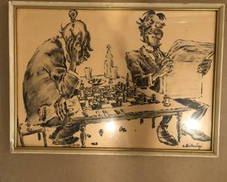 Finnish artist lithograph; Chess Player; Alexander Ristmagi