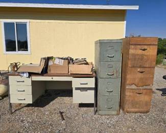 1104  Metal Desk with Wooden top Metal Filing Cabinet Wooden Filing Cabinet and 3 Boxes of Operating Manuals 