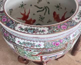 Love this giant Koi ceramic bowl on wooden pedestal 