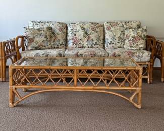 Vintage Bamboo Couch, 2 End Tables and Coffee Table