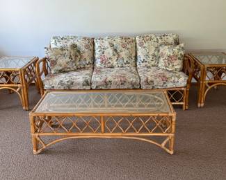 Vintage Bamboo Couch, 2 End Tables and Coffee Table