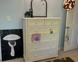 Pottery Barn Dresser and crystal hanging light fixture