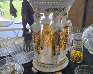 White Compote with Gold Trim and Goddess Ladies